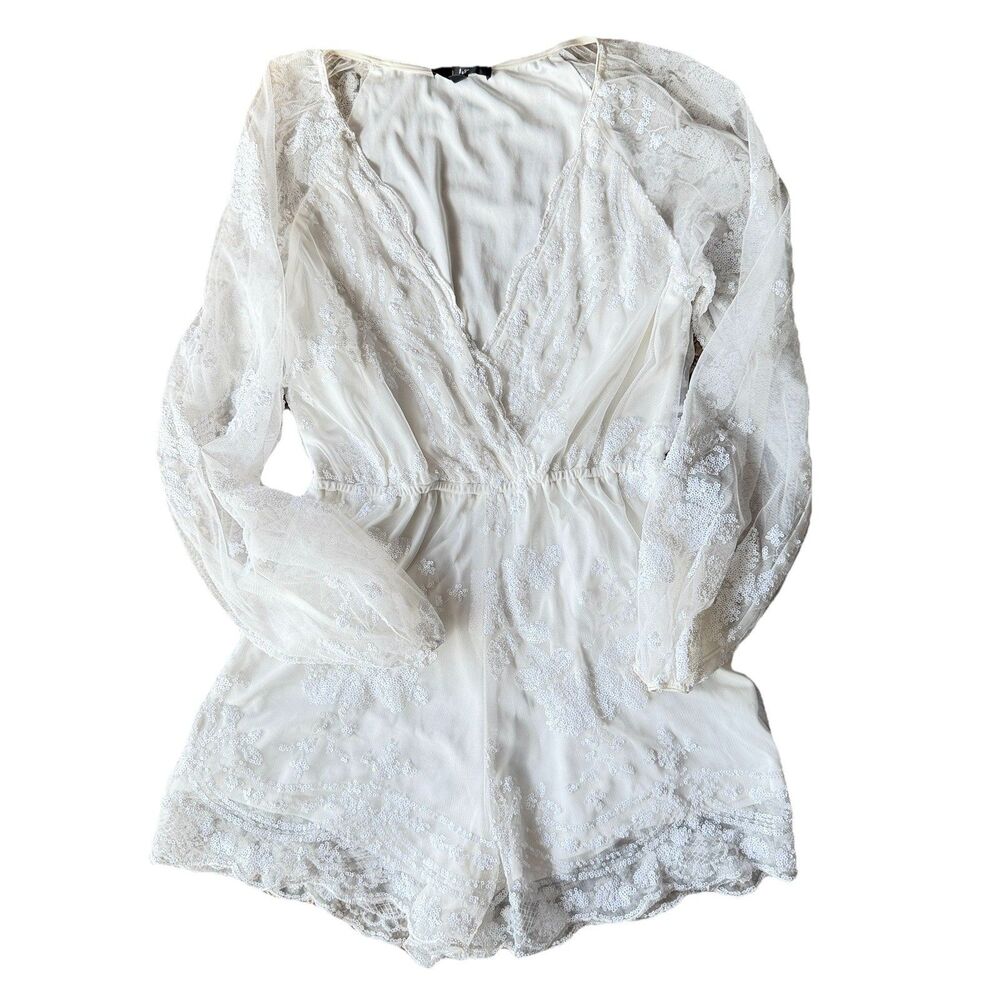 Lulus White Lace Sequin Romper Size S Fairycore V Neck Sheer Bell Sleeve